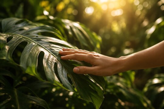 A human hand gently touching a large, vibrant green tropical leaf, bathed in warm sunlight filtering through the lush foliage.