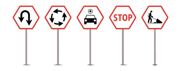Warning Road Signs Vector Set Featuring No Overtaking, Stop Sign, Recycle Symbol, No U Turn and Work in Progress Warning Signs Illustration © YET FAR 