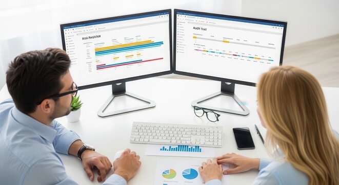 Professional Business Team Analyzing Risk Register and Audit Trail Data on Dual Monitors in Modern Office