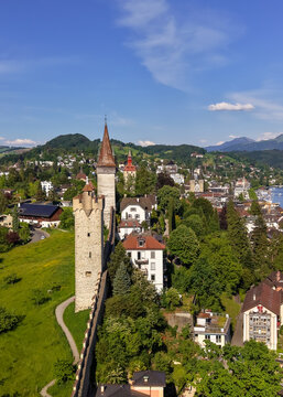 Musegg Wall towers overlooking Lucerne city panorama