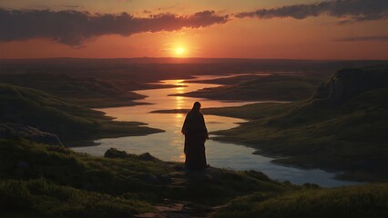 Fototapeta premium Person standing on hill watching sunset.