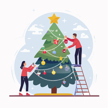 Couple Decorating a Christmas Tree