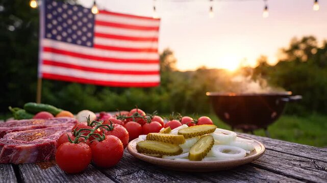 Outdoor grill with food and American flag for appetizing food commercials and menu design