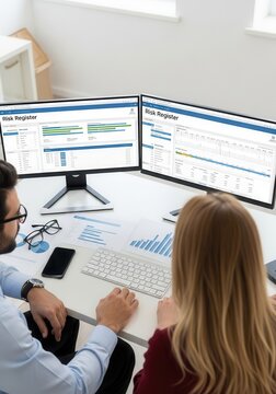 Business Professionals Analyzing Risk Register Data on Dual Monitors in Modern Office Workspace