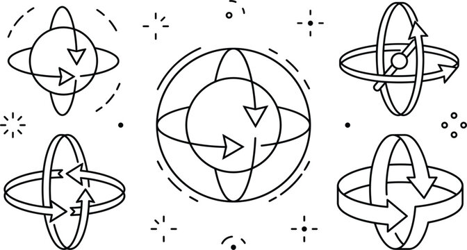 Augmented reality three dimensional rotation axis icon set with spherical coordinate system orientation gyroscopic virtual simulation arrows
