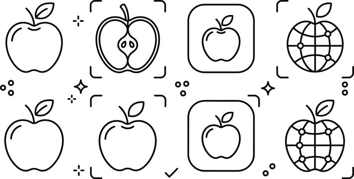 Apple fruit icon set with whole apples cross section half global grid structure and digital tech scanning frames