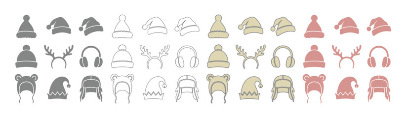 Winter Headwear Vector Icon Set, 36 cold weather accessories in flat and line art styles. Cozy hats, earmuffs, and festive reindeer antlers for holiday designs, a versatile graphic resource. © Jamie