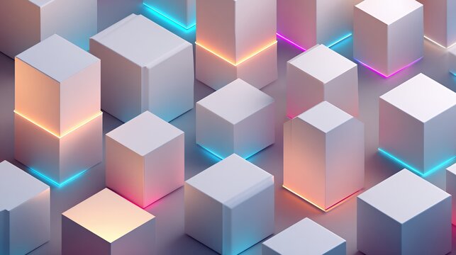 Isometric background pattern of white geometric cubes illuminated with glowing neon blue and orange light seams