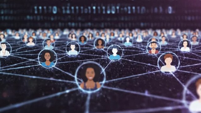 Global network of connected diverse people profile icons.