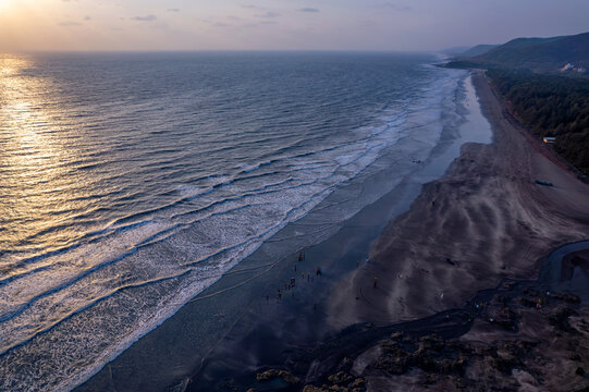 A stunning aerial drone view of Dapoli Beach along the Konkan coastline in Ratnagiri district, Maharashtra, India.