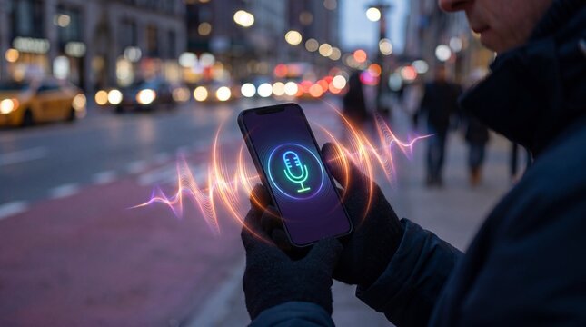 Person Holding Phone Recording a Voice Message with Futuristic Digital Audio Waves in Urban Setting