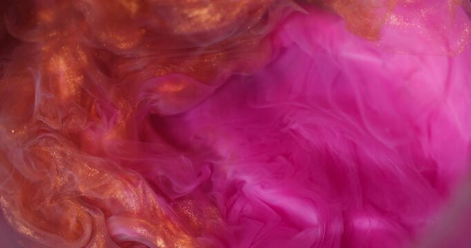 Vapor defocused mix. Colorful fog. Pink orange pigment dissolve in cloud texture. Ink haze abstract shimmering curl bright background.