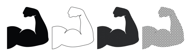 Strong Arm Bicep Flex Vector Icon Set, four variations of a muscular arm silhouette, symbolizing strength, power, and fitness, ideal for gym branding or health apps © Jamie