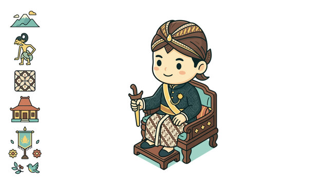 Flat vector illustration of a cute chibi Javanese man wearing traditional Indonesian batik dress and blangkon sitting on a chair, featuring cultural icons like wayang and joglo.