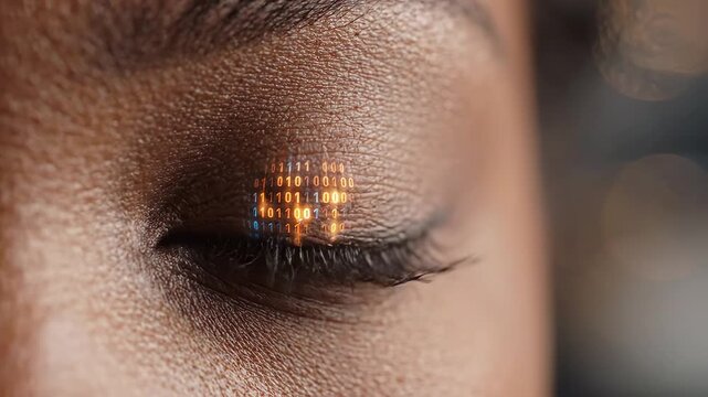 Closeup of human eye with binary code emphasizing futuristic concepts and connectivity