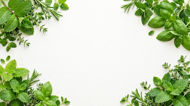 Fresh Green Leaves with Water Droplets in Corner Composition with Clean Middle Copy Space for Wellness and Skincare Advertising Background