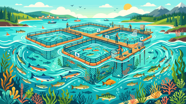 Aquaculture fish farm with underwater cages and marine life.