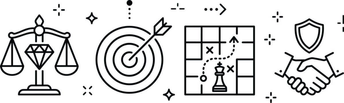 Business strategy and core values icon set with target arrow chess board handshake agreement justice scale and diamond