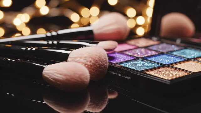 Makeup palette with brushes and bokeh lights symbolizing conceptual art and dynamic energy