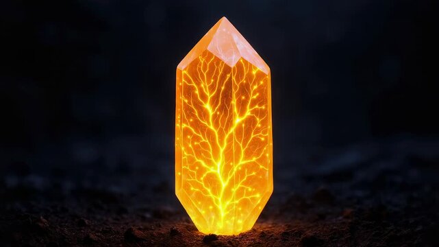 Luminous blue crystal prism on dark, textured ground, with glowing internal veins resembling electric roots
