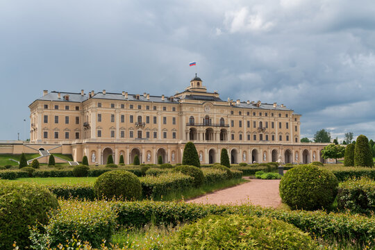 Strelna, St. Petersburg, Russia, June 12, 2025: Konstantinovsky Palace (Bolshoy Strelninsky Palace) of the palace and park ensemble in Strelna from the side of Nizhny Park on a sunny summer day