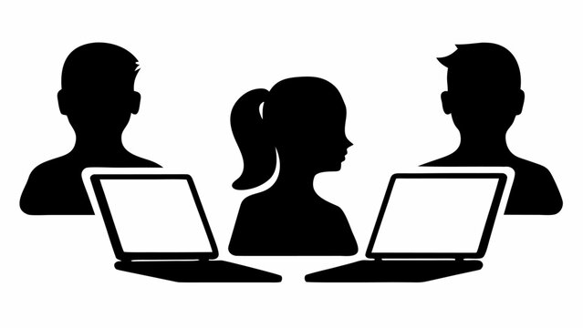 Black silhouettes of three students with laptops attending online classes