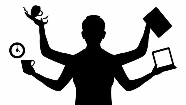 Silhouette of stressed office worker juggling tasks and objects