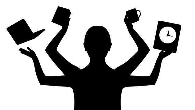 Stressed office worker silhouette juggling tasks and time management