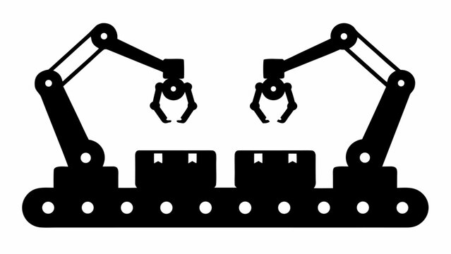 Black silhouette robotic arms working on production line with boxes