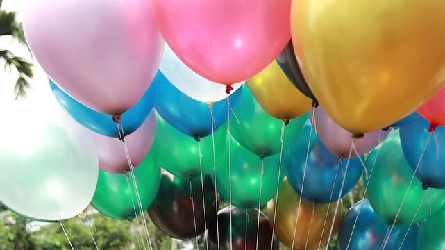 Close up video of colorful helium balloons floating in the air with strings against outdoor green trees background at celebration event
