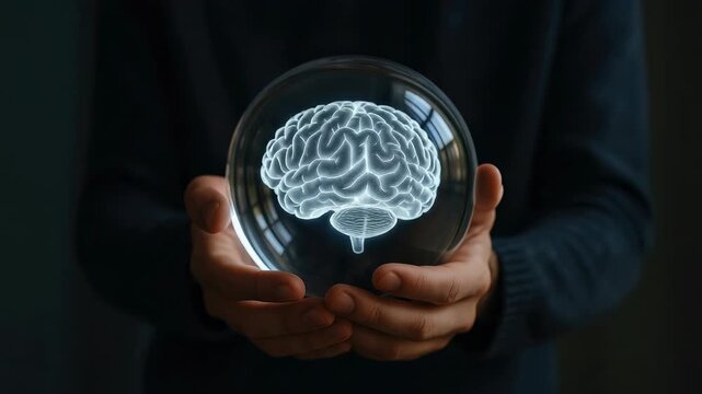Pair of hands holds glowing glass sphere with holographic brain inside