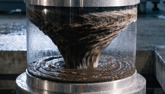 Closeup medium shot of centrifuge spinning wastewater sludge highlighting texture and motion with softened surroundings.