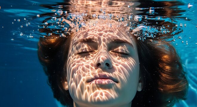 Young woman floating underwater with closed eyes in clear blue pool