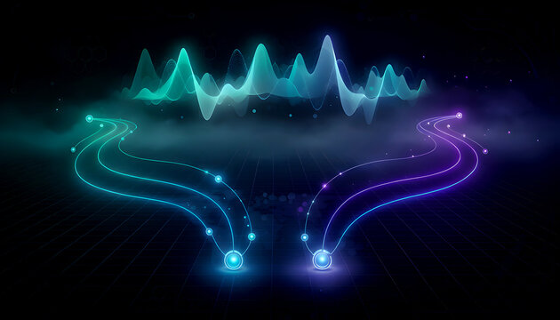 Converging neon light trails merging under an abstract digital soundwave data graph