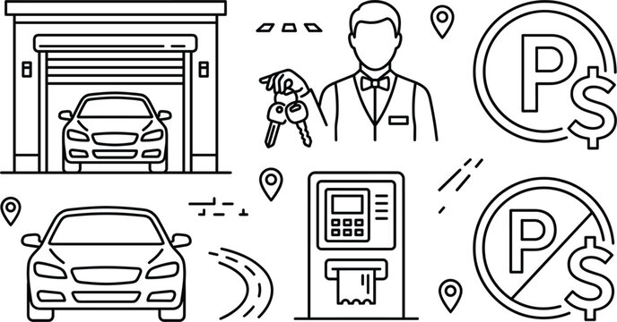 Car parking and valet service icon set with garage vehicle keys ticket machine paid sign and road map pins