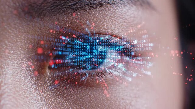 Closeup of human eye with digital overlay emphasizing network speed and cloud computing