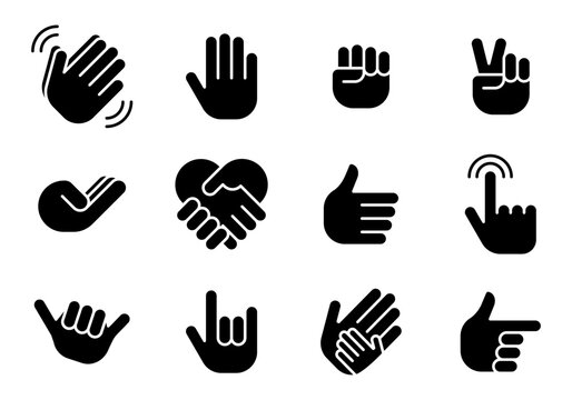 Conjunto de iconos de gestos y comunicaci&oacute;n manual. Representa interacci&oacute;n, validaci&oacute;n y acciones t&aacute;ctiles. Incluye saludo, aprobaci&oacute;n, acuerdo, se&ntilde;alizaci&oacute;n y contacto digital. Ilustraci&oacute;n vectorial