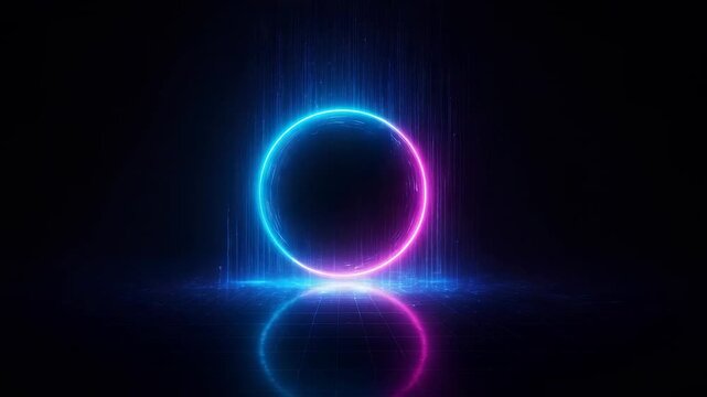 Neon circular halo glowing blue and pink above reflective grid, dark background with vertical light trails