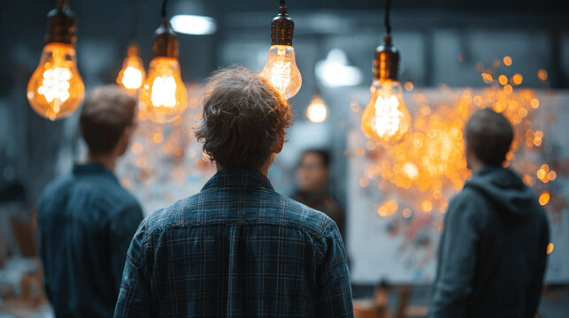 Team Brainstorming and Lightbulb Ideas for Strategic Learning - Professionals collaborating in dynamic office environments, generating innovative ideas visualized with creative lightbulb effects,