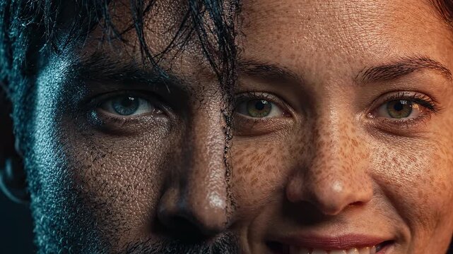 split face of man and woman perfect for vlog intros and personal care commercials