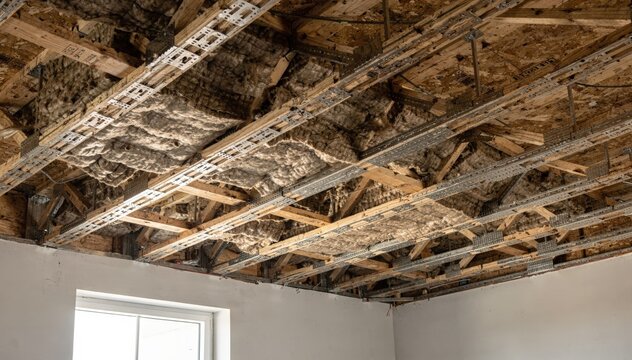 Medium shot of resilient channels installed along floor joists highlighting acoustic isolation in modern residential construction. Medium shot showcasing sound batt insulation
