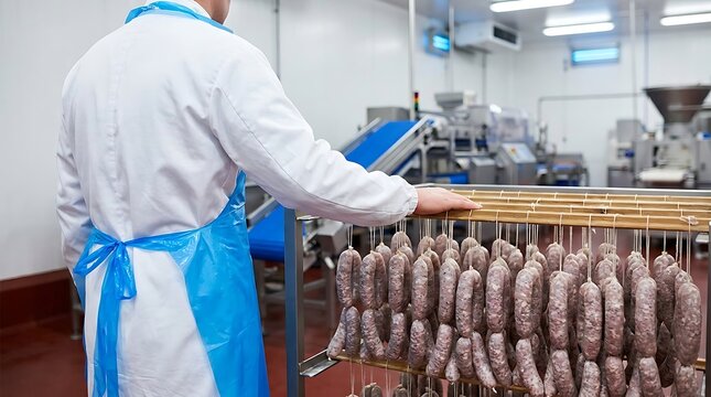 Professional food industry worker inspecting rows of freshly made artisan sausages hanging on a drying rack in a modern processing facility plant