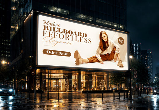 Elegant Urban Billboard Mockup Featuring Luxury Fashion Advertisement at Night
