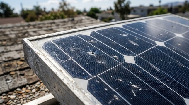 Close-up of a damaged solar panel on a residential roof showing a significant crack in the glass protective surface and minor impact marks on the blue photovoltaic cell module.