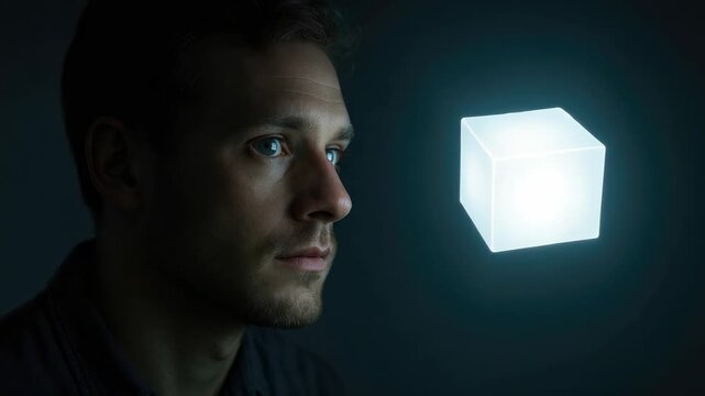 Light-skinned adult man gazes at glowing white cube floating in dark, moody setting