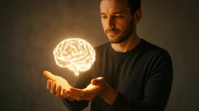 Caucasian adult male gently holds glowing neon brain in his hands