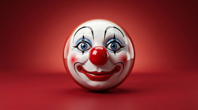 Glossy clown face ball with red nose and makeup, polished ceramic circus character head, creepy smiling jester toy on red background