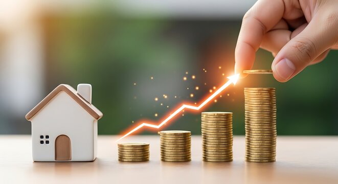 Hand placing gold coin on ascending stack of coins with house model