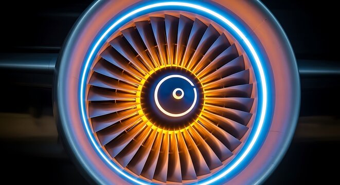 Glowing blue and orange jet engine turbine blades closeup