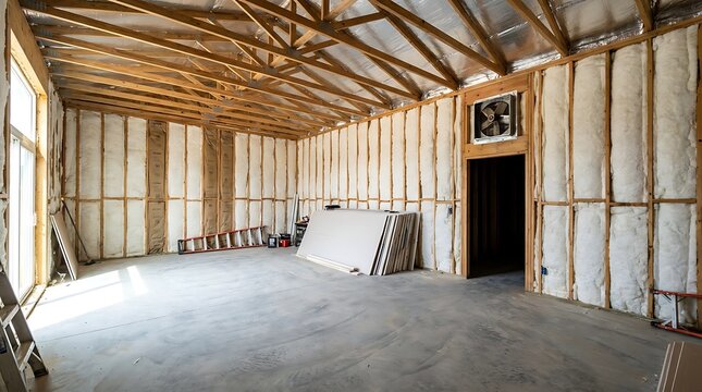 Bright unfinished building interior with open wooden ceiling structure insulated stud walls stacked drywall sheets and concrete flooring